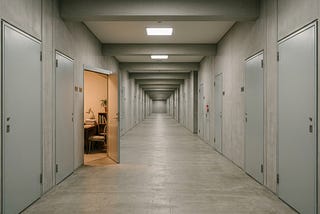A long institutional corridor with identical numbered doors, one standing open to reveal a warmly lit room with a desk and bookshelf. All other doors are closed.