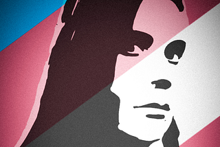 Stylized self portrait by the author. A high contrast silhouette against a background with the trans flag colours (light blue, pink and white).