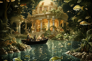 Three people in a boat approaching ancient dome glowing with candlelight and fish abundantly in the water and the air.