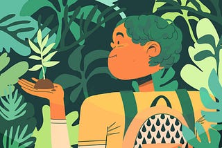 Illustration of a student holding a sapling in the palm of her hand