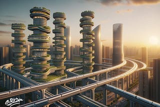 Sustainable city with 3D printed skyscrapers