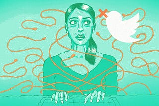 Woman using computer being assualted by wires and Twitter logo.