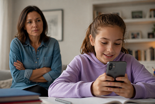 A young girl sits at a table smiling at her smartphone, while her mother stands in the background with a thoughtful, slightly concerned expression in a softly lit living room.