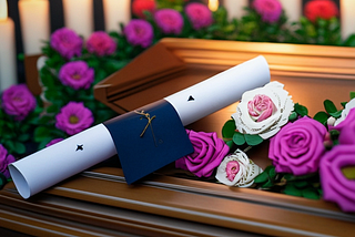 A white paper scroll that is presumed to be a diploma lays atop a wooden coffin that is covered in and surrounded by purple, white, and red flowers, giving the overall impression of a funeral for the diploma.