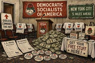 A gathering of the Democratic Socialists of America in a convention room with chairs, a podium with microphone, and signage. A Sign with an arrow pointing up to a door says “Godless Communist This Way.” Several election ballots laying on the ground titled “L.A. MAYOR” and "NY DISTRICT.” Campaign buttons on the ground says “We ♥️ Radical Socialists.” Several white t-shirts hanging over chairs say “WE ♥️ BERNIE!” A large pile of hundred dollar bills lay in front of the podium. A sign hanging from a table says “GET YOUR FREE STUFF HERE!” An old Road sign on the wall says “NEW YORK CITY 5 MILES AHEAD”