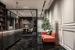 Black and grey color combination of Living area with dark pick sofa