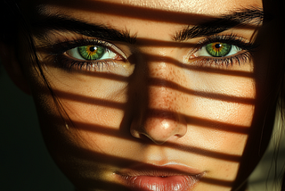 highly-detailed photo of a beautiful woman face, green eyes, with shadow play, AI image created on MidJourney V6.1 by Henrique Centieiro and Bee Lee