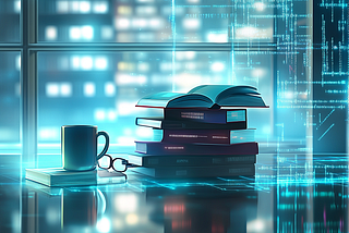 A modern, futuristic reading space with a sleek glass desk, ambient lighting, and a stack of glowing tech books, each with minimalist covers. In the background, digital code, neural networks, and abstract data streams subtly blend into the scene. The environment feels like a mix between a high-tech lab and a cozy library, symbolizing both innovation and reflection. A coffee mug and a pair of glasses rest beside the books, hinting at deep, thoughtful reading.
