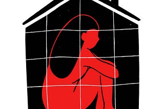 Vector illustration with woman sitting in house with bars