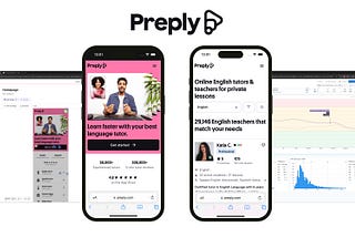 Two Peply.com’s pages visited from mobile devices, along with the screenshots of some performance deshboards.