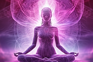 This image features a woman in a lotus position, her eyes closed in deep meditation. The holographic background, showcases mesmerizing fractals, with intricate details that showcase the beauty of holography. The image is a beautiful representation of inner peace and the transformative power of meditation.