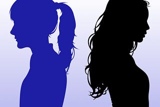 The silhouettes of two women facing away from each other. The girl on the left is blue and the girl on the right is black.