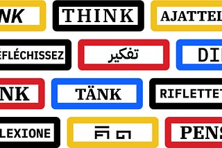 The work “THINK” written in multiple foreign languages with each surrounded in colorful border