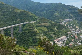 Mountains surrounding a village below with a bridge spanning the mountainside hills on a day with blue skies.