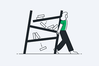 An illustration of a woman holding up a bookcase that is falling apart