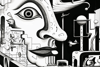 A surreal MC Escher inspired illustration of a man with strangely shaped objects in his head and around him