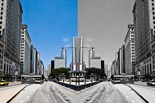 Mirrored image of a roadway, with the left side in color while the right side is black and white.