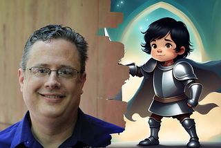 Photo of the author next to an illustration of a boy dressed like a knight