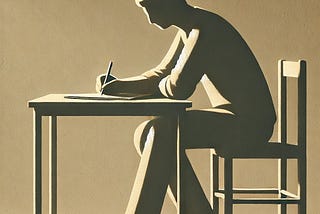 A minimalistic illustration of a man sitting at a table, writing in a notebook. The scene is calm and serene, with soft natural light illuminating the figure against a muted, earth-toned background. The man appears deep in thought, capturing a moment of quiet reflection.