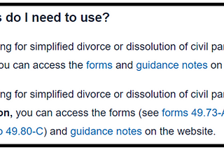 Screenshot of Scottish Courts website section on which divorce application to use. It says there are different forms for applying through the Sheriff Court versus the Court of Session.