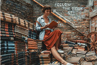 A woman reads a book will sitting on and around stacks of books.