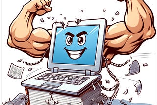 A muscular laptop tearing a thick telephone book in half with its hands