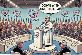 A cartoon of the Pope standing on a stage at the G7 summit, addressing an audience of world leaders. The Pope is holding a microphone with a severe expression, gesturing with one hand as he speaks. The audience includes caricatures of world leaders who look attentive and concerned. The backdrop features flags of the G7 nations and a G7 summit banner. A speech bubble next to the Pope says, “DOWN WITH UNETHICAL AI!” The setting is a large, modern conference hall with a high-tech atmosphere.