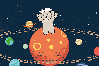 The image shows a stylized cartoon depiction of a koala in space, floating above a large orange planet. The koala appears happy or excited, with a broad smile and its arms raised. In the background, we see an array of planets with Earth visibly among them. The scene is set against a dark blue starry space background with the paths of the planets indicated by dashed lines.