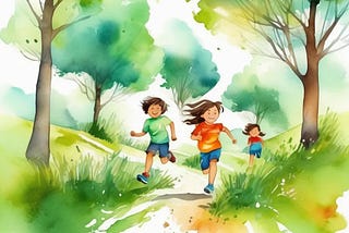 3 kids running along a path
