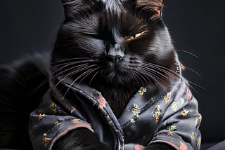 An AI-generated black cat, wearing blue patterned pyjamas and looking sleepy.