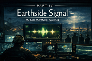 A wide cinematic sci‑fi illustration showing an underground command centre at night. An older technician sits before glowing monitors displaying a pulsing waveform that resembles a heartbeat. Several silhouetted figures stand behind him, watching the signal. Through a large window, a futuristic cityscape and radar dishes are visible under a cloudy sky, with a beam of light shooting upward. The title “Earthside Signal. The Echo That Wasn’t Forgotten” appears in luminous white text across the cen