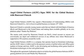 Angel Global Partners (AGPC) Signs MOU for the Global Business with Hanwoori Fintech