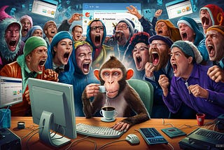 A cartoon monkey on a computer being screamed at by lots of people