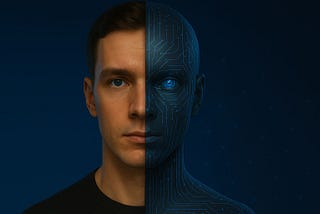 Split-face portrait showing half human face and half AI avatar, highlighting the blurred line between real and artificial in personal branding.