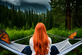 A women with red hair, sits on a hammock, looking out to a beautiful forest landscape. Two Monarch butterflies fly near her.