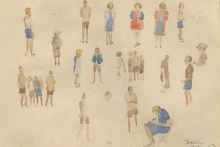 Norbert Troller watercolor sketch of children in the Terezin Ghetto.