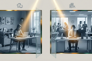 Split-screen showing isolated home worker on left and isolated office worker on right, with golden light above both
