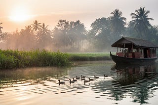 Kerala houseboat on calm backwaters at sunrise, with ducks swimming nearby and lush paddy fields in the background. A serene, misty morning scene.