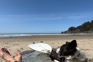Author’s feet and surfboard and dog on the beach.