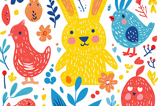 Compose a bright and cheerful Easter card with cartoon-like illustrations of bunnies and chicks, in bold, primary colors on a white, clean background