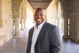 Michael Bolden on the historic arcade at Stanford University.