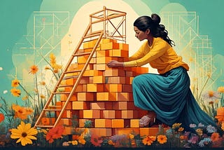 Woman in a blue and yellow outfit stacking blocks with scaffolding