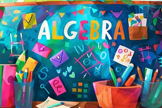 The image is a colorful and playful illustration featuring the word “Algebra” prominently in the center, surrounded by various math-related symbols, tools, and stationery items like pencils, notebooks, and geometric shapes. The vibrant, abstract design includes bright colors and expressive shapes, creating a cheerful and engaging atmosphere, ideal for a classroom or educational setting.