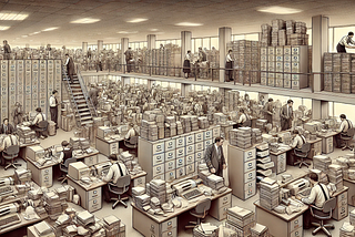 The chaotic past: endless paperwork and repetitive tasks in a cluttered corporate world before AI revolutionized the workplace.