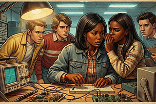 Two Black female engineering students with pressed hair in a 1980s lab. One woman looks uncertain as she works on a circuit board. The other leans in to whisper in her ear. White male students stand around them at a workbench.