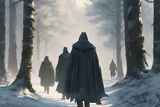 A group of men trudging through the snow, heading back from a long day of searching for The Lost.