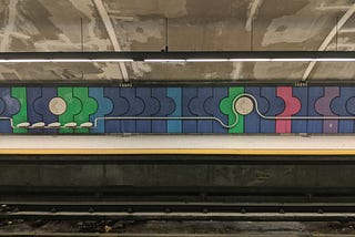 Colourful design of the platform at Fabre metro station in Montreal, Canada