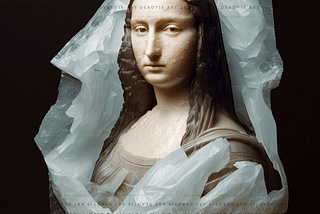 An AI generated image showing Mona Lisa made of a plastic like material. Lines of texts says "is art dead?" repeated multiple times on top and bottom.