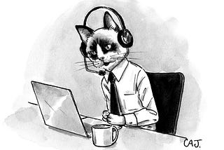 IT helpdesk cat in headphones seated at a desk with a laptop and cup of coffee.