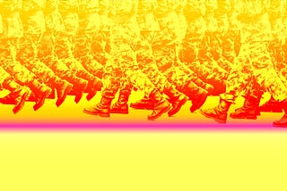 Soldiers dressed in army camouflage marching with yellow and pink overlay